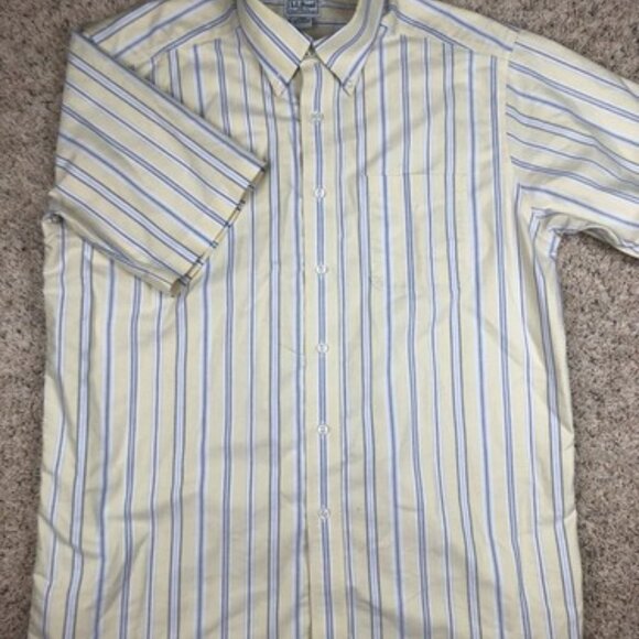 LL Bean Button Up Shirt Yellow Blue Gray Striped Size 16 Reg 0AUR8 Short Sleeve - Picture 2 of 9